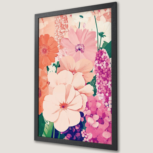 Framed Poster featuring a vibrant floral arrangement in a painterly style with a pink and coral color palette. Perfect wall art!