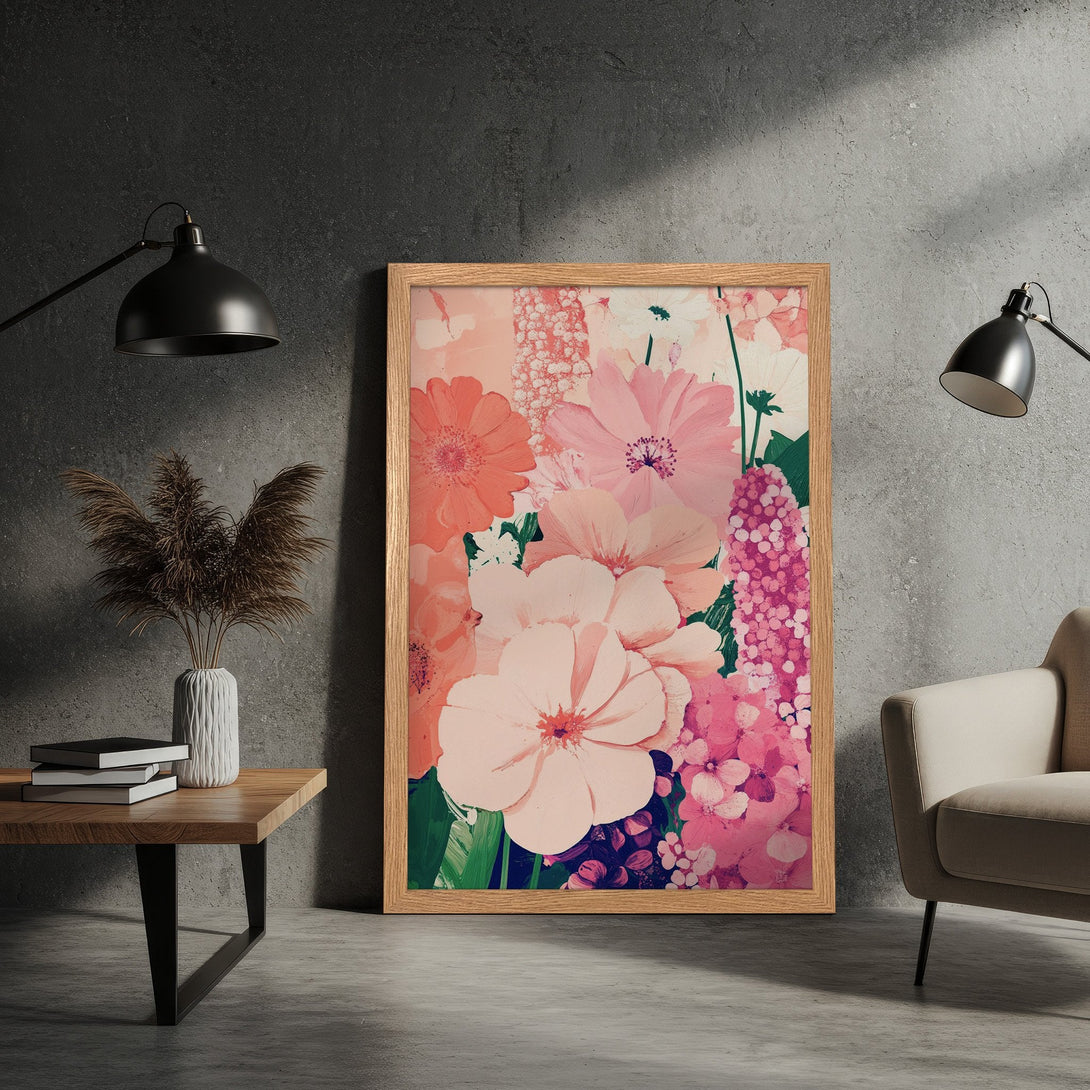 Framed Poster featuring a floral abstract design in a soft pink and peach color palette, perfect for home decor.