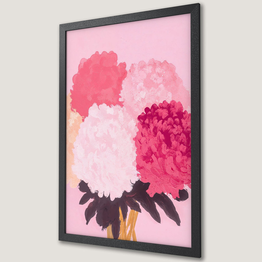 Framed Poster featuring abstract floral art in pink, red, and white hues. Perfect for adding a touch of modern elegance to your home.
