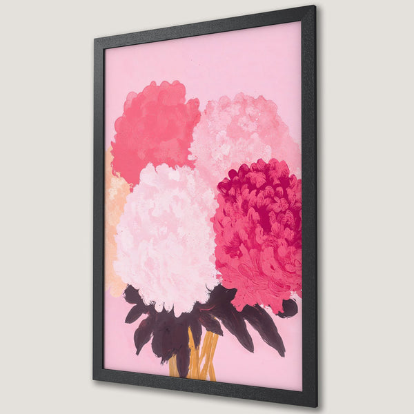 Framed Poster featuring abstract floral art in pink, red, and white hues. Perfect for adding a touch of modern elegance to your home.