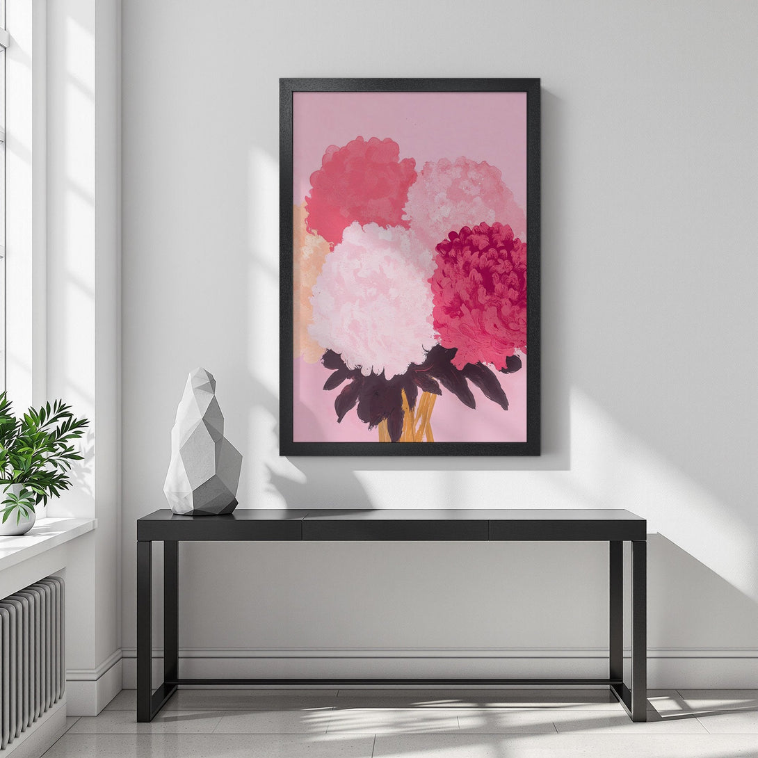 Framed Poster featuring abstract floral art in pink and red hues. Modern style, perfect for home decor.
