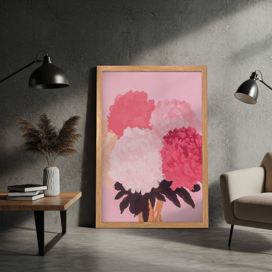 Framed Poster featuring abstract floral art in pink and red hues. Modern style art print for home decor.
