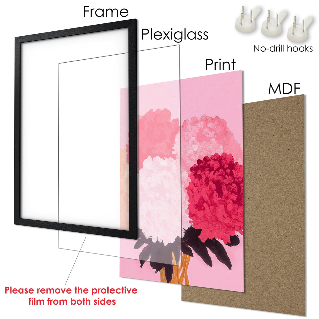 Framed Poster of pink floral art. Modern style with a soft, pink and red color palette. Ready to hang!