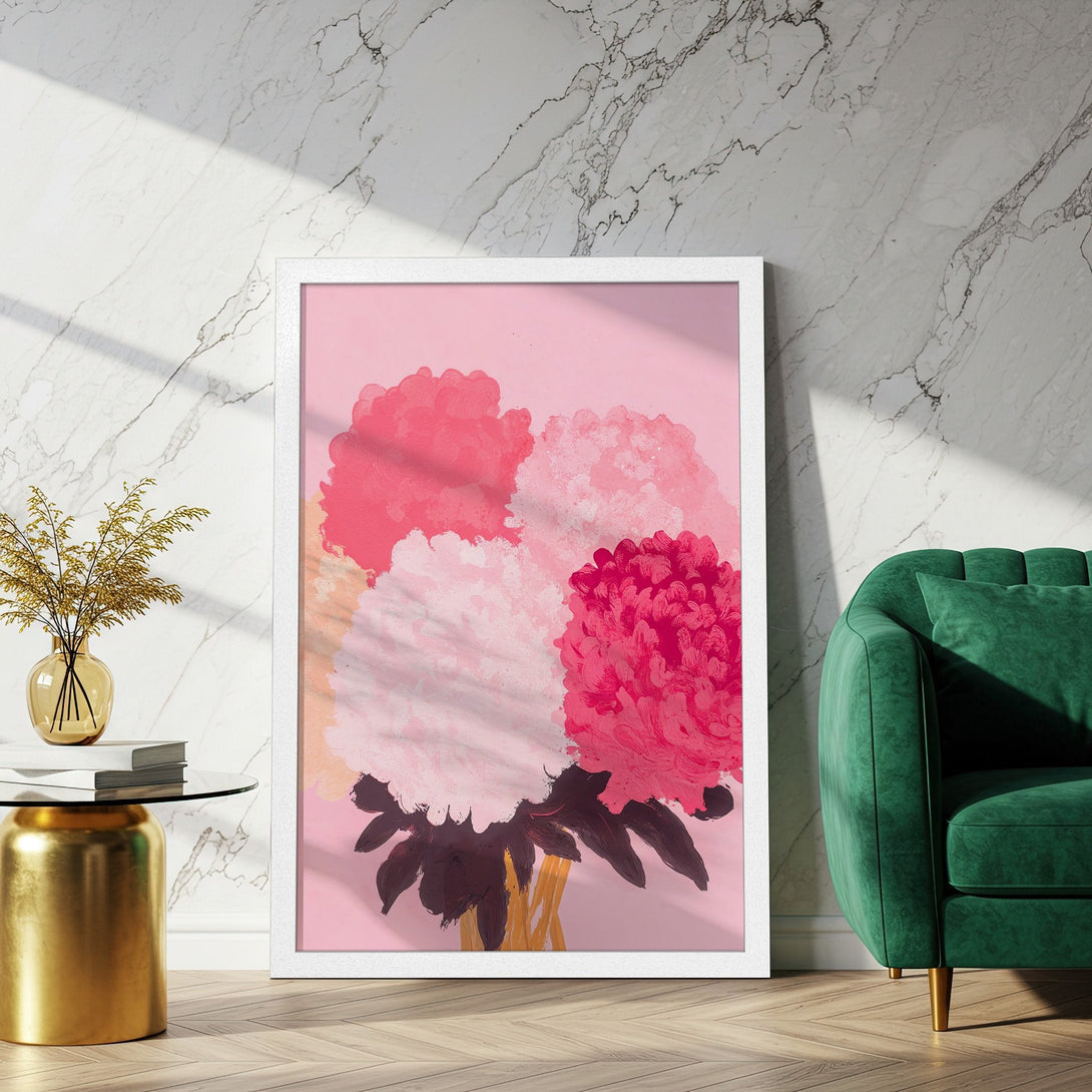 Framed Poster featuring a vibrant floral abstract art print in pink and red hues. Modern, stylish decor.