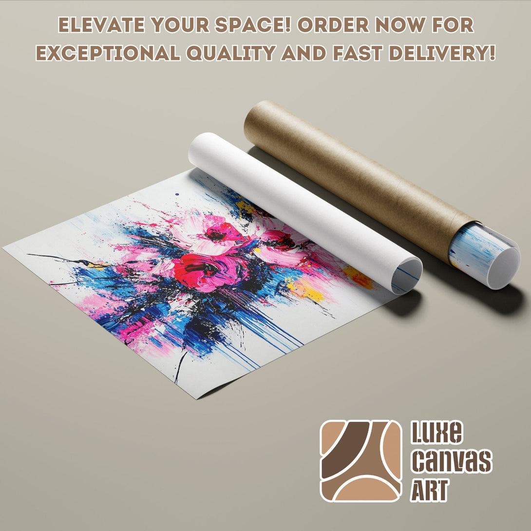 Abstract floral Poster Roll in vibrant pink, blue, and yellow hues. Elevate your space!