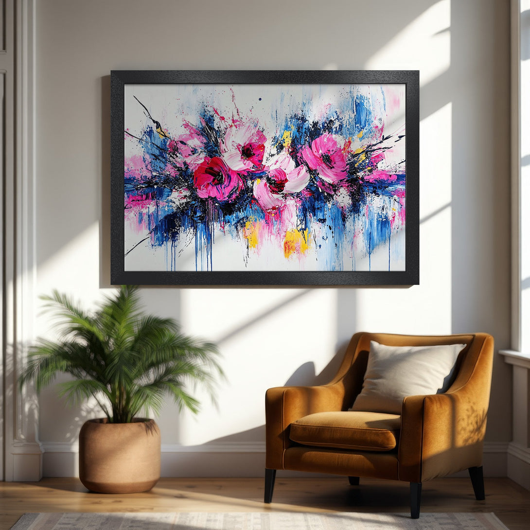 Framed Poster of abstract floral art. Bold pink, blue, & yellow paint strokes on white. Modern decor.