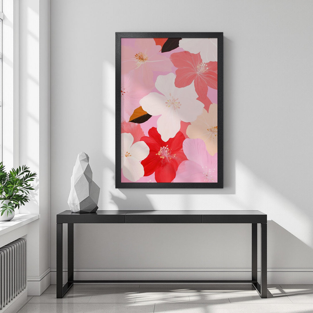 Framed Poster featuring floral art in a modern style with a pink, red, and white color palette. Perfect wall decor!
