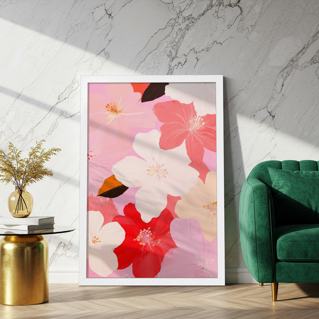 Framed Poster featuring vibrant floral art in a modern style with a pink, red, and white color palette, perfect for home decor.
