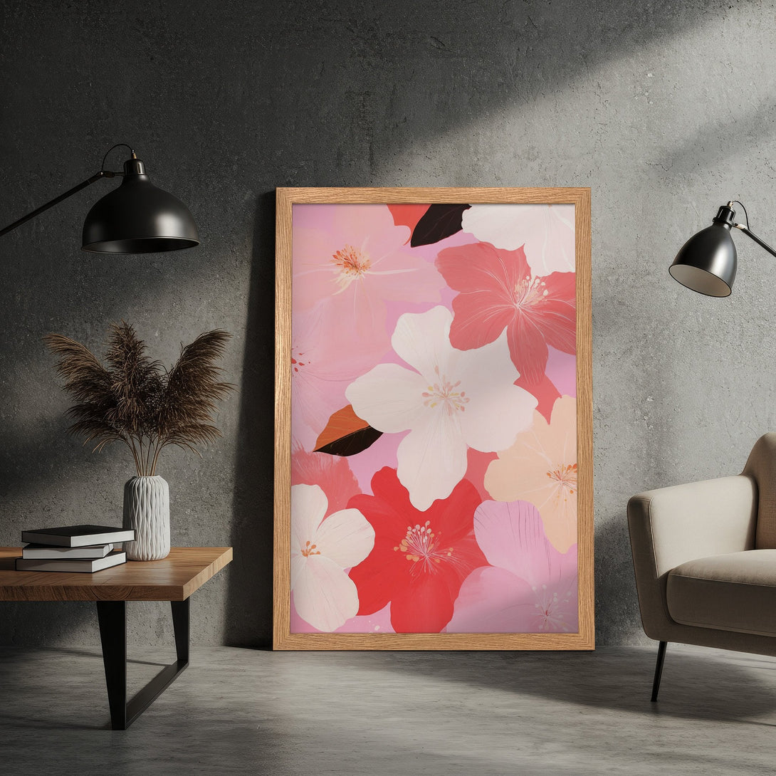 Framed Poster featuring floral art in a soft pink and red color palette. Modern style, perfect for adding a touch of elegance to any space.