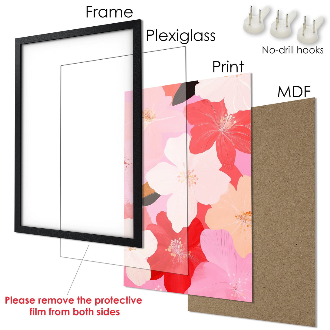 Framed Poster featuring floral art in red, pink, and white hues. Modern style, ready to hang!
