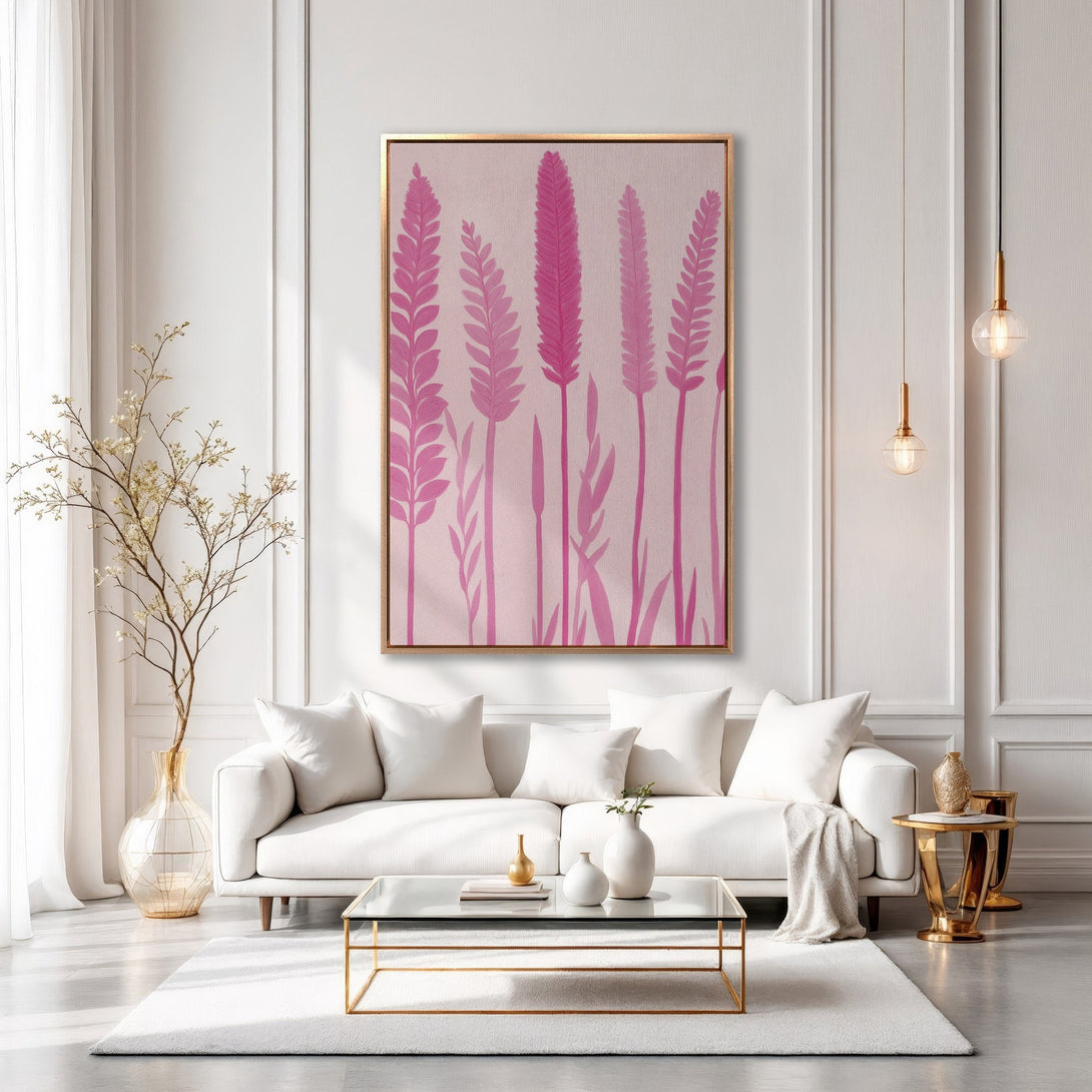 Framed Wall Art: Pink floral canvas print in a modern living room. Soft pink and white color palette, elegant and stylish home decor.