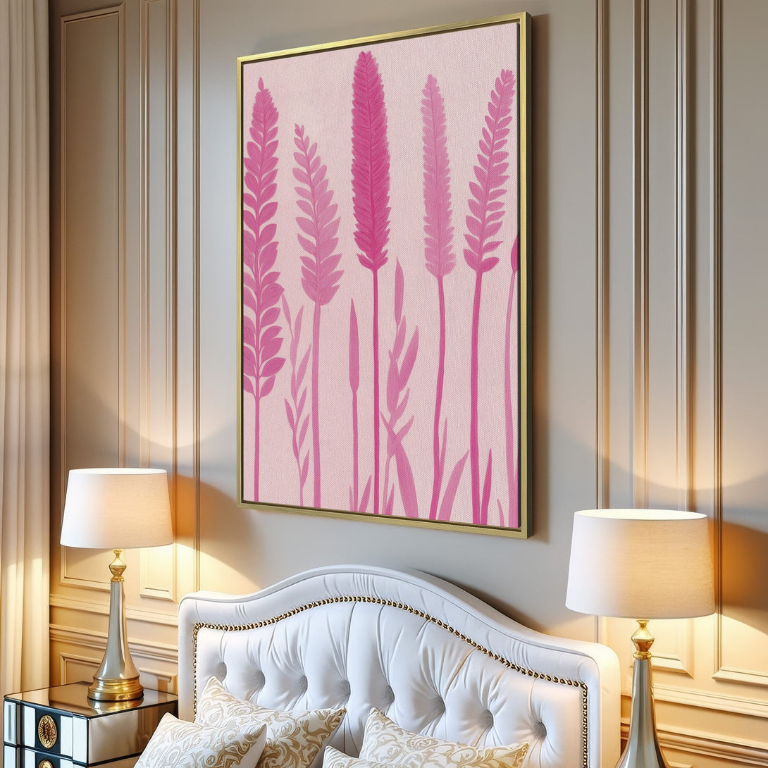 Canvas Print featuring pink botanical art in a modern interior. Stylish floral design with a soft pink color palette, perfect for adding a touch of elegance.