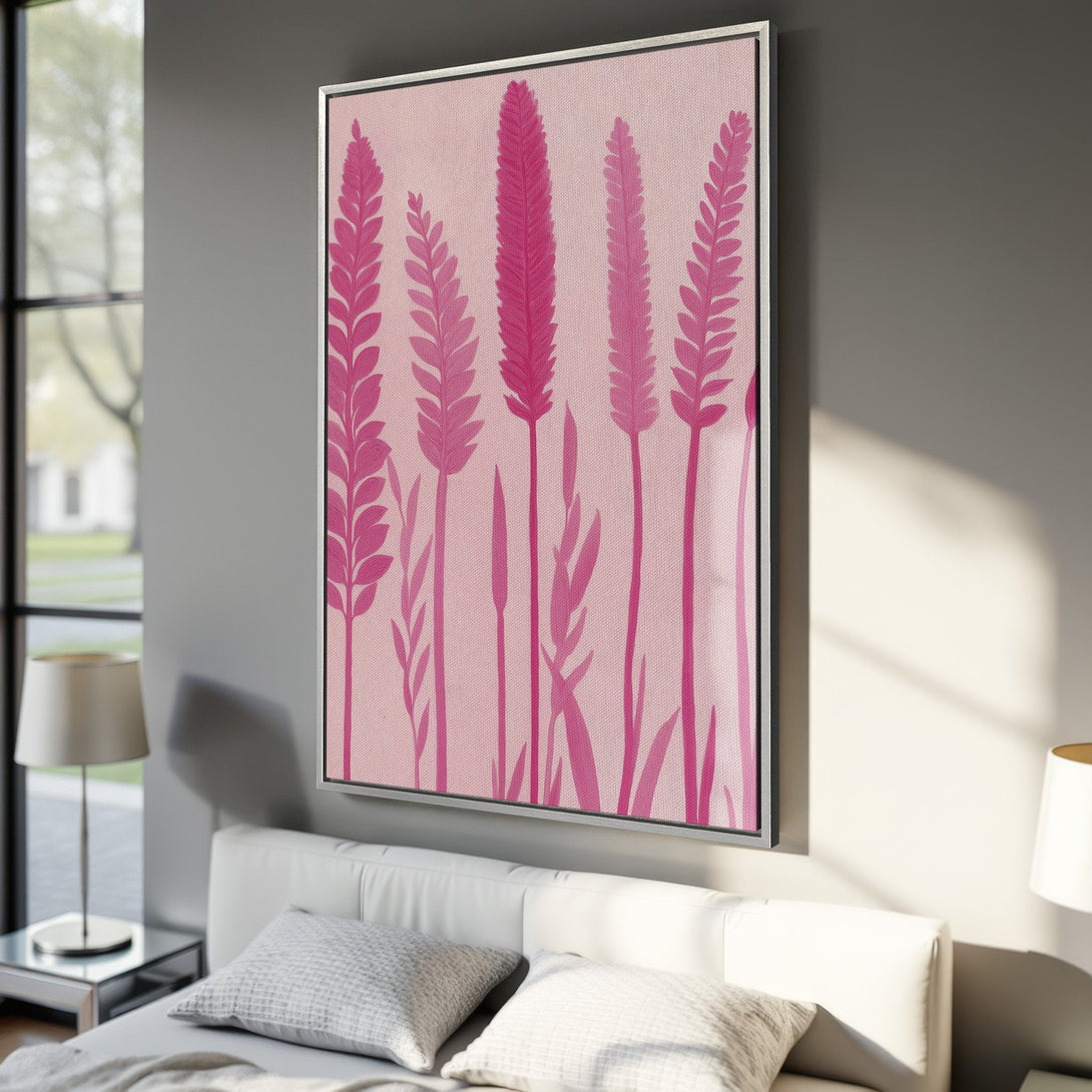 Framed Wall Art: Pink floral Canvas Print. Modern botanical art in a bedroom setting. Features a soft pink and fuchsia color palette.