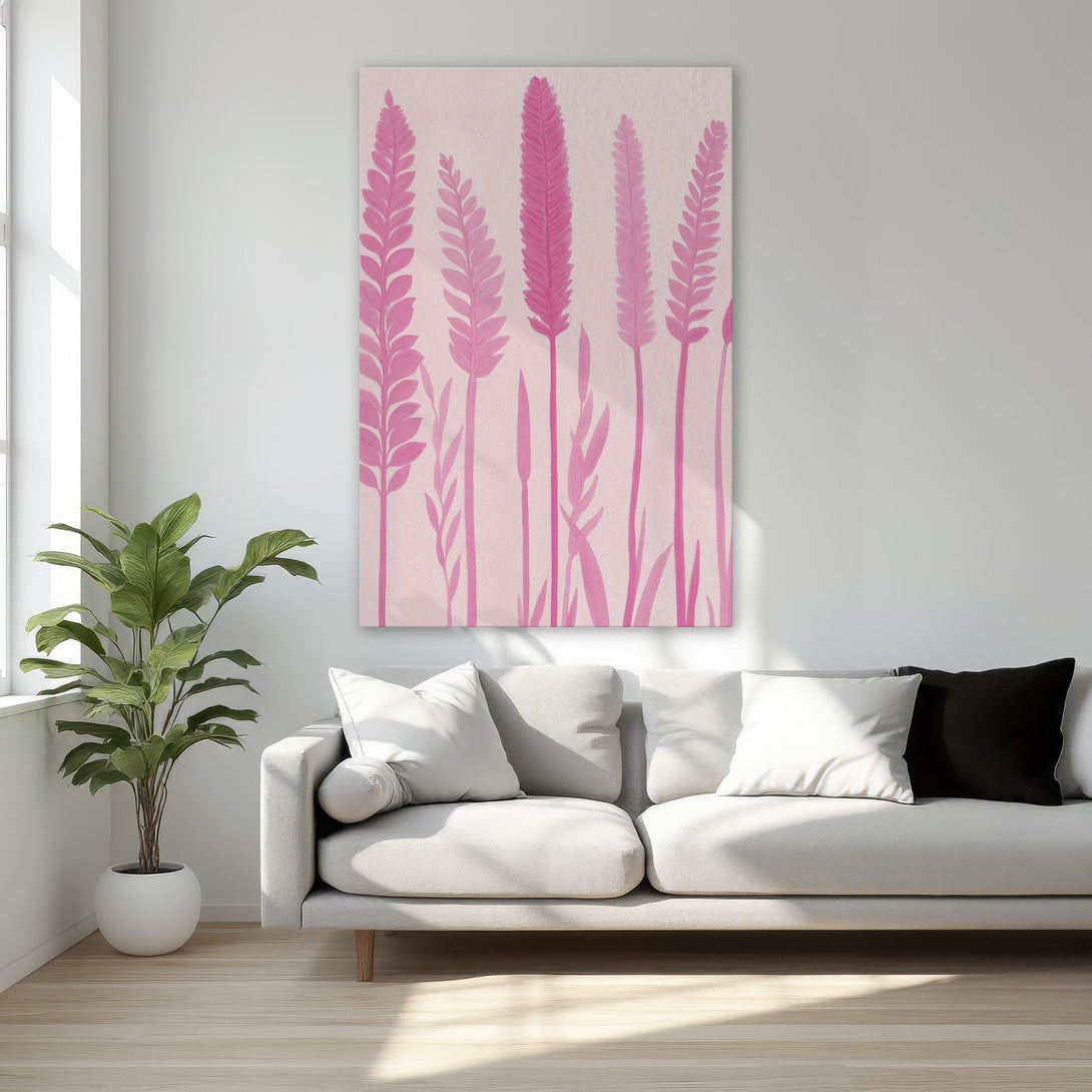 Framed Wall Art featuring pink floral abstract art, perfect for adding a pop of color to any bedroom. Modern, elegant design with a pink color palette.