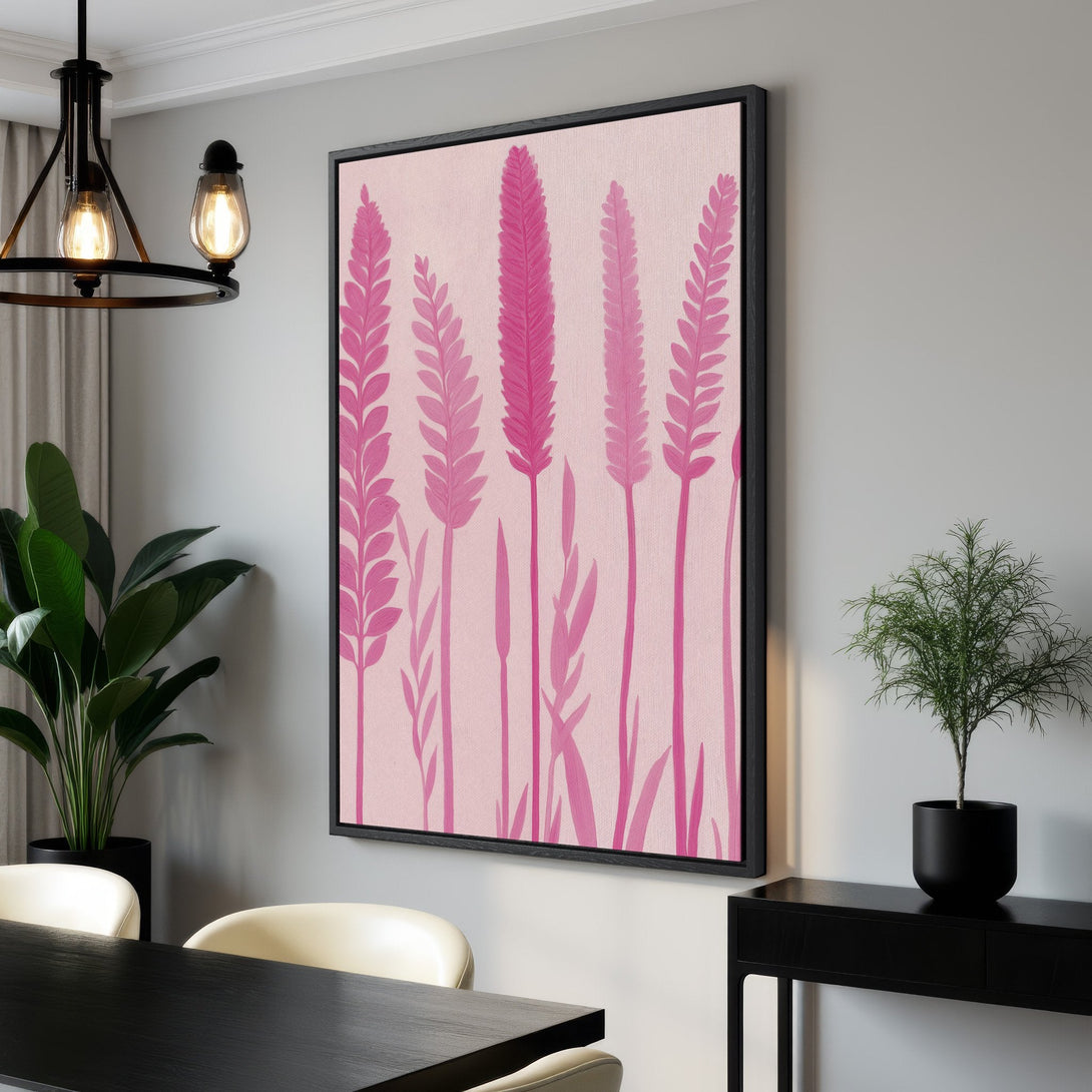 Framed Wall Art featuring abstract pink floral design. Modern canvas print with a minimalist style and a soft pink color palette, perfect for any space.
