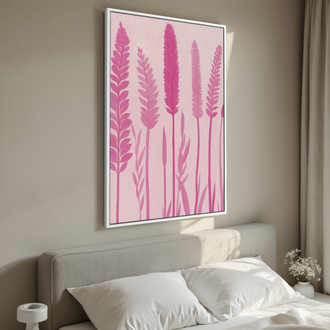 Framed Wall Art: Abstract floral design in pink hues. Modern canvas print adds a pop of color to any bedroom decor. Shop now!