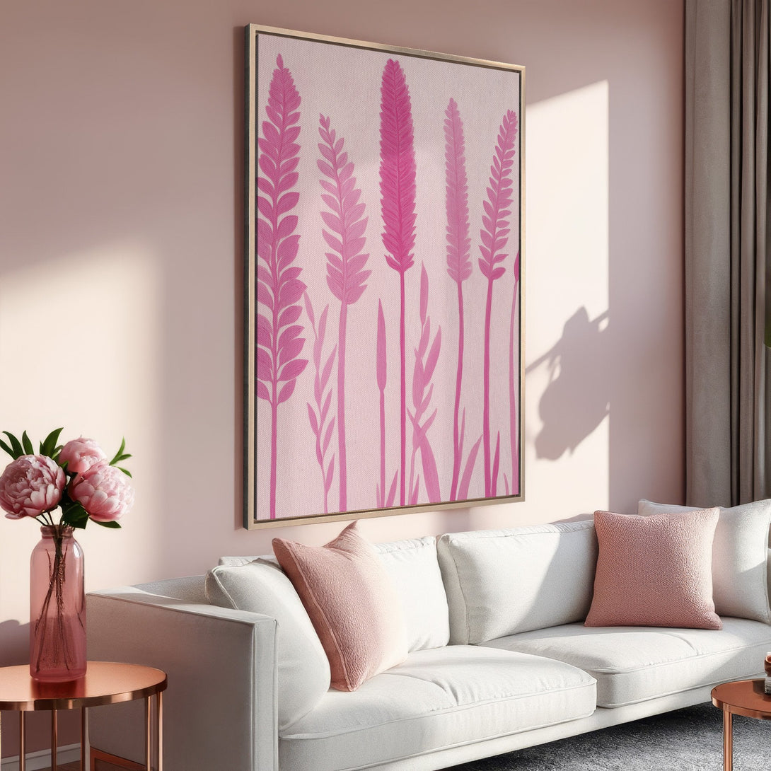 Framed Wall Art featuring pink floral abstract design, perfect for adding a touch of elegance to any living room. Soft pink color palette.