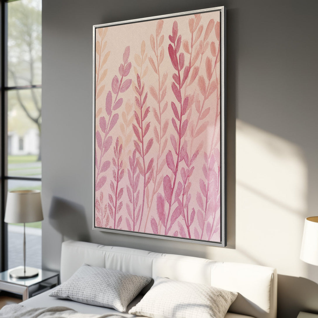 Framed Wall Art featuring watercolor-style pink and peach leaf design. Adds a touch of nature and elegance to any room. Perfect for bedroom decor.