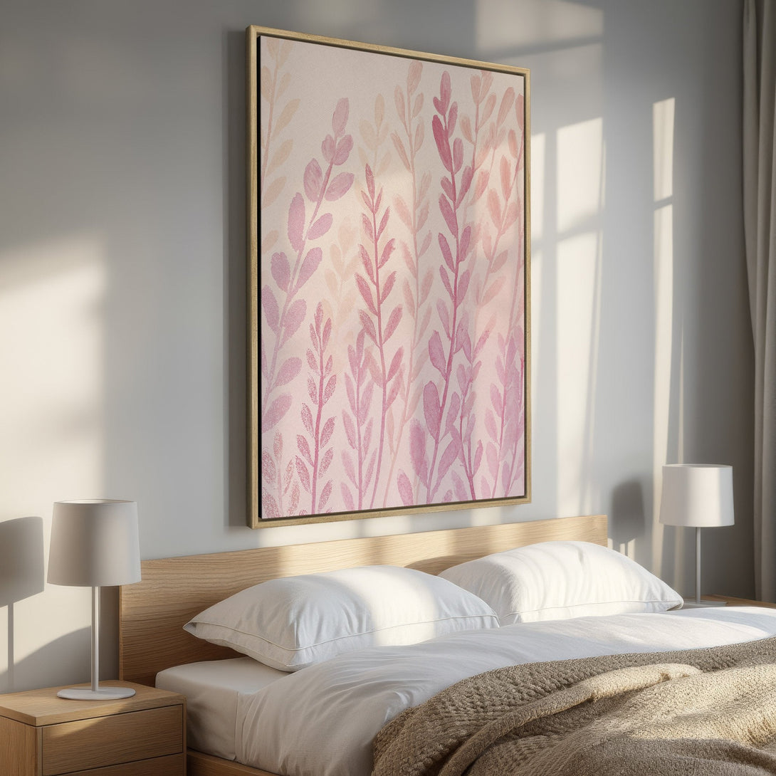 Framed Wall Art: Watercolor botanical print in soft pink tones. Modern bedroom decor featuring a floral canvas print. Enhance your space with this elegant art.