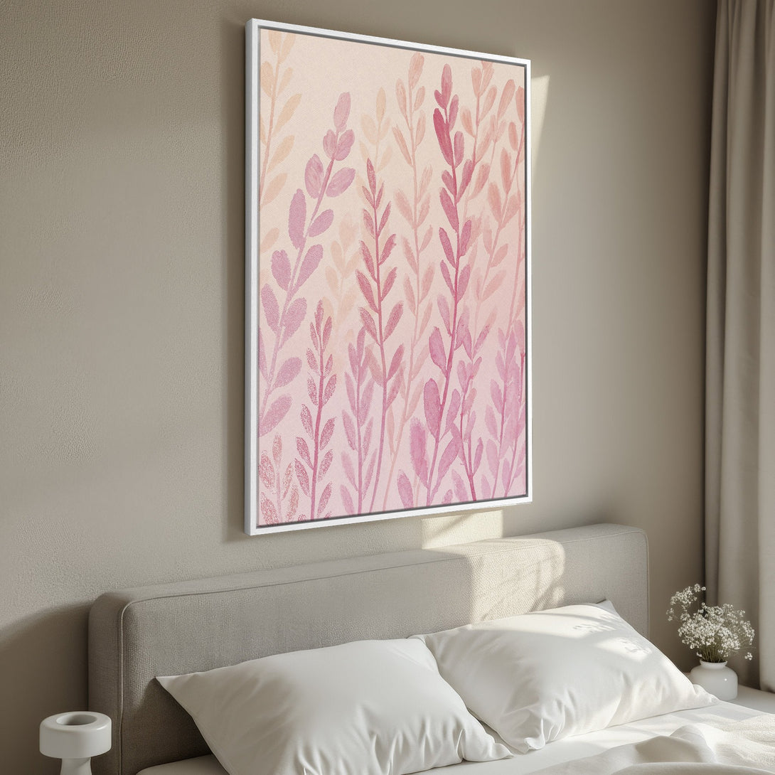 Framed Wall Art featuring watercolor-style pink floral design. Adds a touch of elegance and warmth to any bedroom. Shop our Canvas Print collection today!