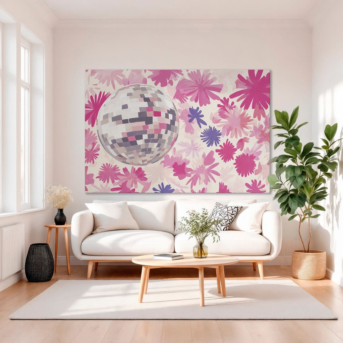 Framed Wall Art featuring a disco ball and floral design in pink and purple hues. Modern art for home decor.