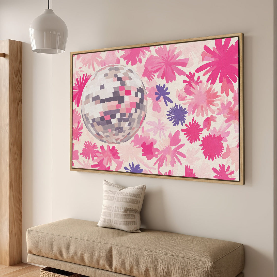 Framed Wall Art featuring a disco ball and floral design in pink and purple hues. Modern, vibrant canvas print for home decor.