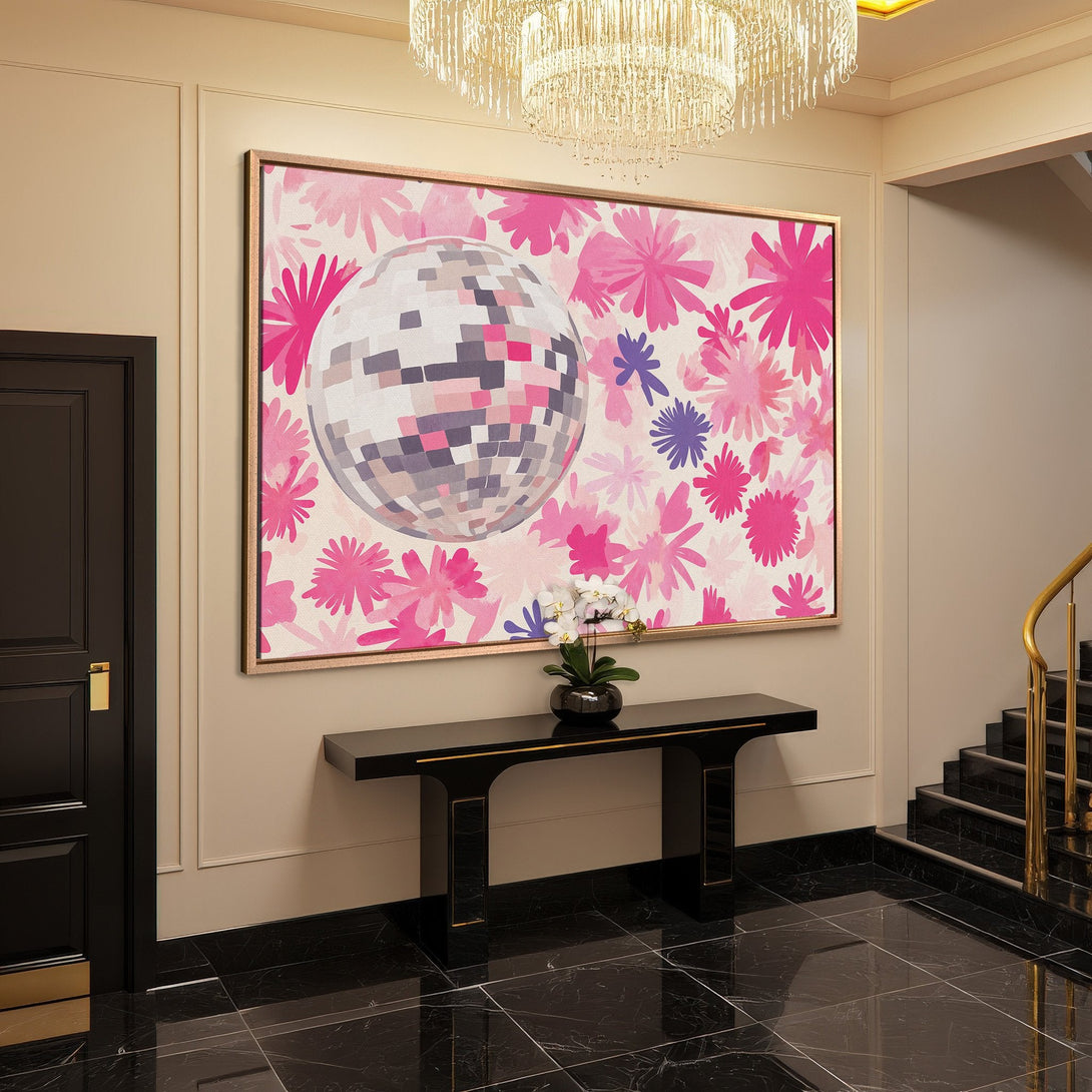 Framed Wall Art with a disco ball and floral design in pink and purple hues. Modern decor for your home.