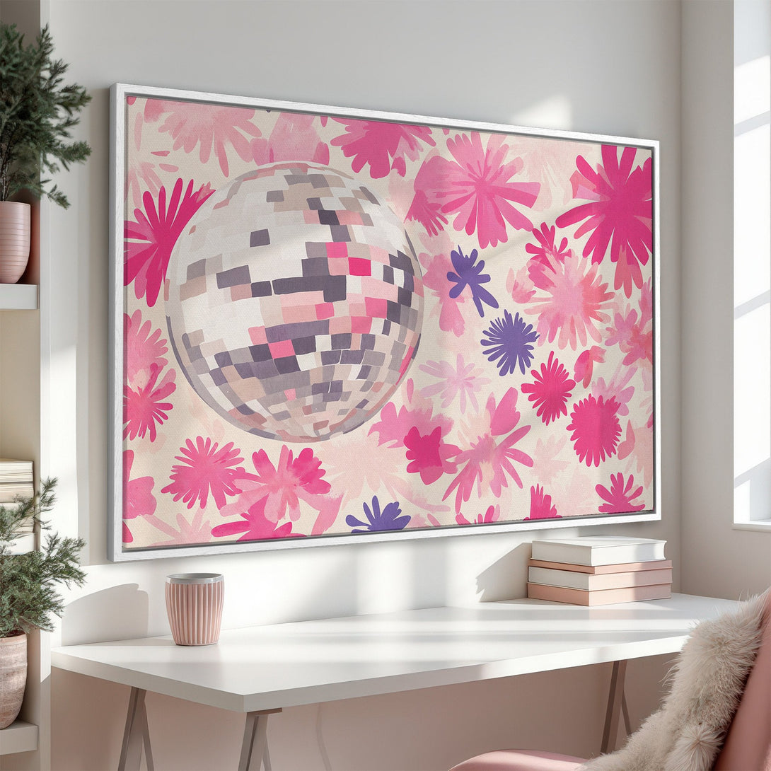 Framed Wall Art featuring a disco ball and floral design in a pink and purple palette. Perfect for adding a pop of color to any room!
