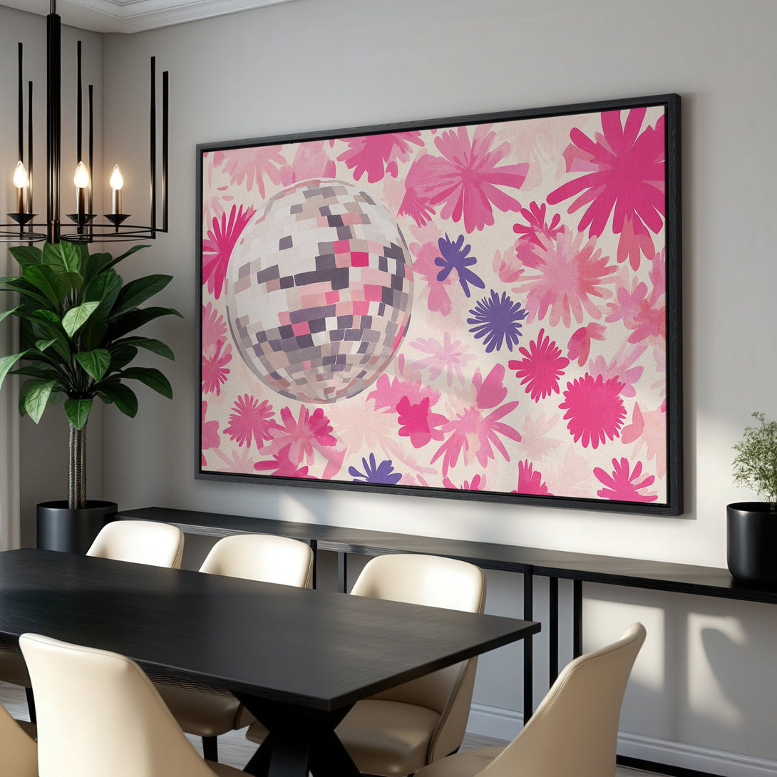 Framed Wall Art featuring a disco ball and floral design in pink and purple hues. Perfect for adding a pop of color and retro style to your space!