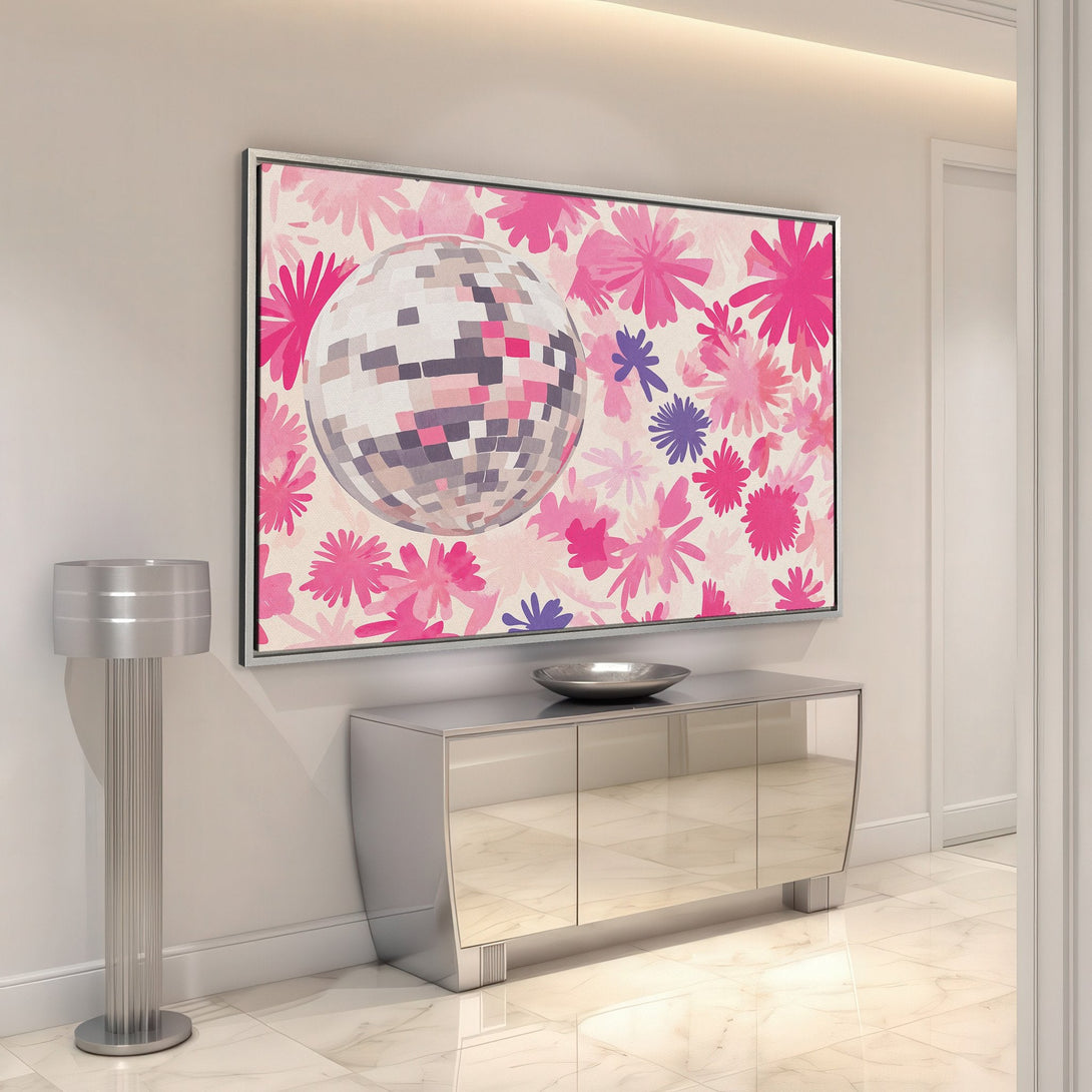 Framed Wall Art featuring a disco ball and floral pattern in a pink and purple color palette. Modern art for a stylish interior.