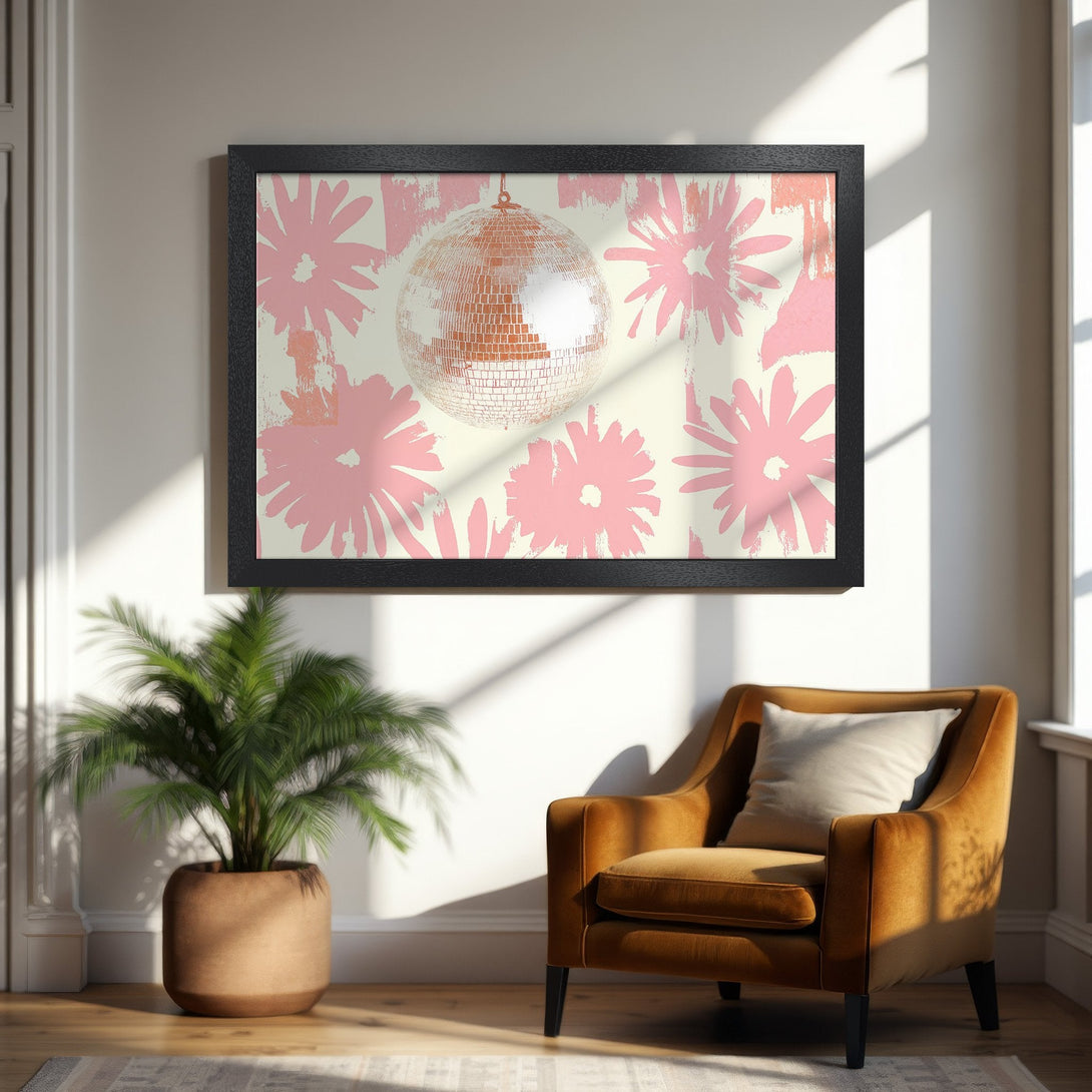 Framed Poster featuring a disco ball and pink floral design. Modern art style with a soft, warm color palette. Perfect for home decor!