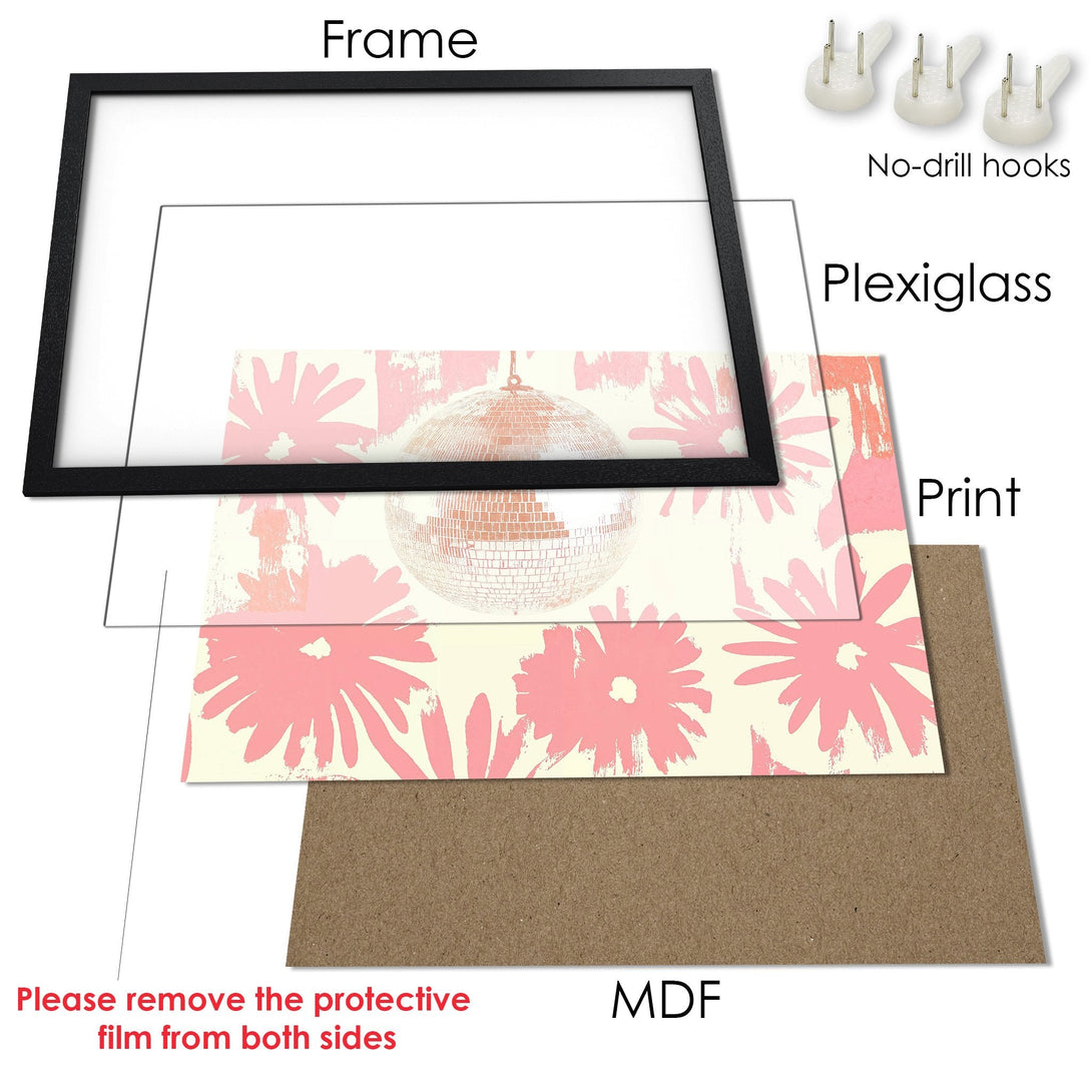 Framed Poster featuring a disco ball design in a pink and cream color palette. Perfect wall art for a stylish space!