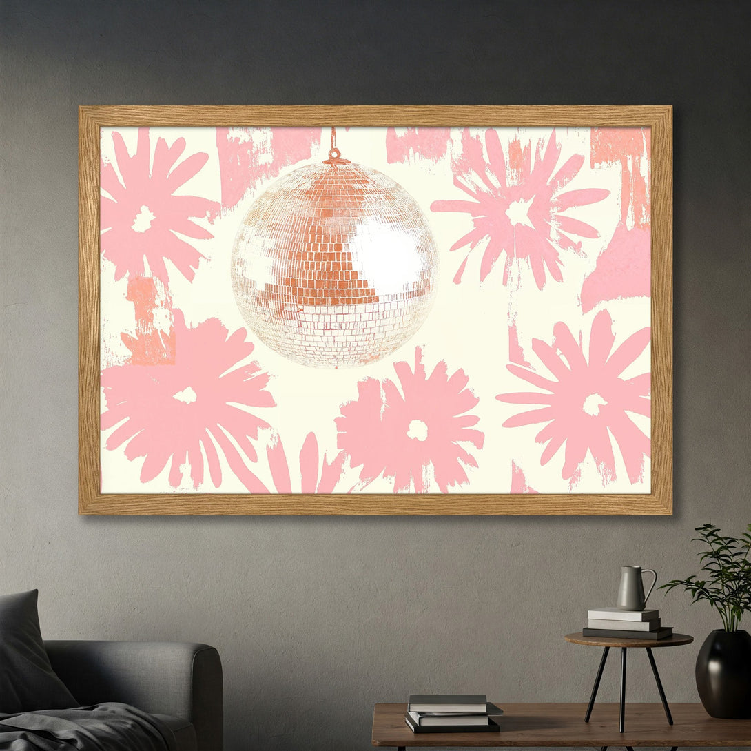 Framed Poster featuring a disco ball and pink floral design in a retro style with a cream and pink color palette.