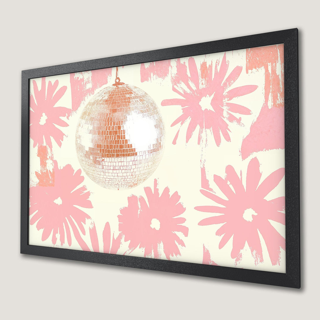 Framed Poster featuring a disco ball and pink floral design. Retro style, soft pink and cream color palette. Perfect wall art!