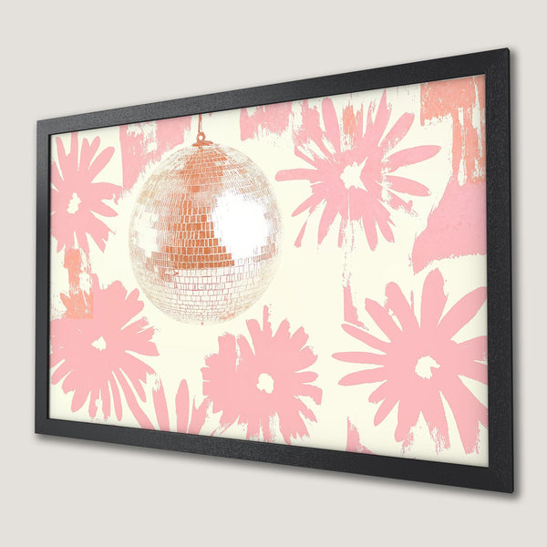 Framed Poster featuring a disco ball and pink floral design. Retro style, soft pink and cream color palette. Perfect wall art!