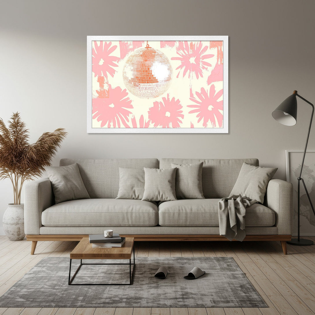Framed Poster featuring a disco ball and pink floral design, perfect for adding a pop of color to your home decor.