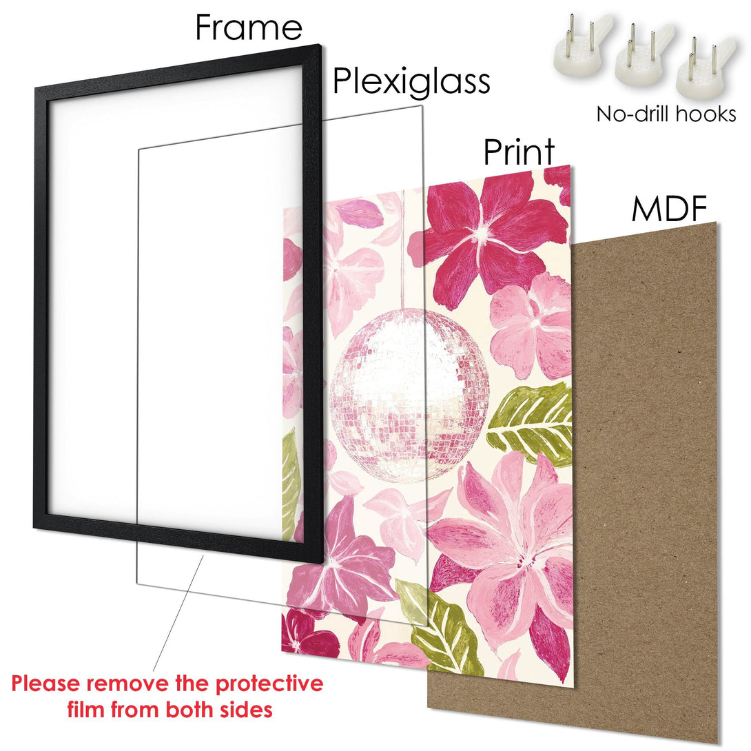 Framed Poster featuring a floral design with a disco ball, in a pink and green palette. Perfect wall art!