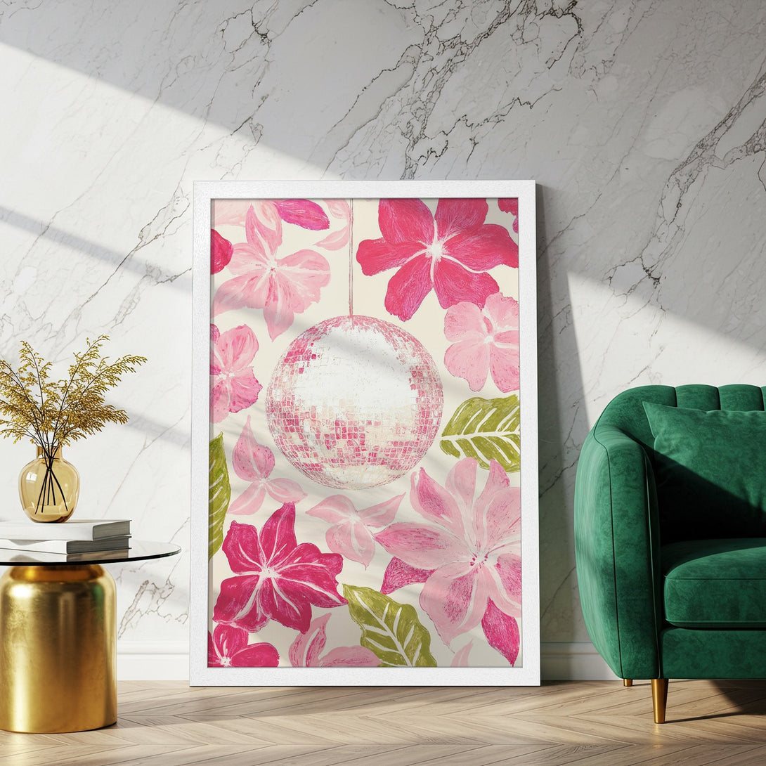 Framed Poster featuring a floral design with a disco ball, in a vibrant pink and green palette. Add a pop of color to your space!