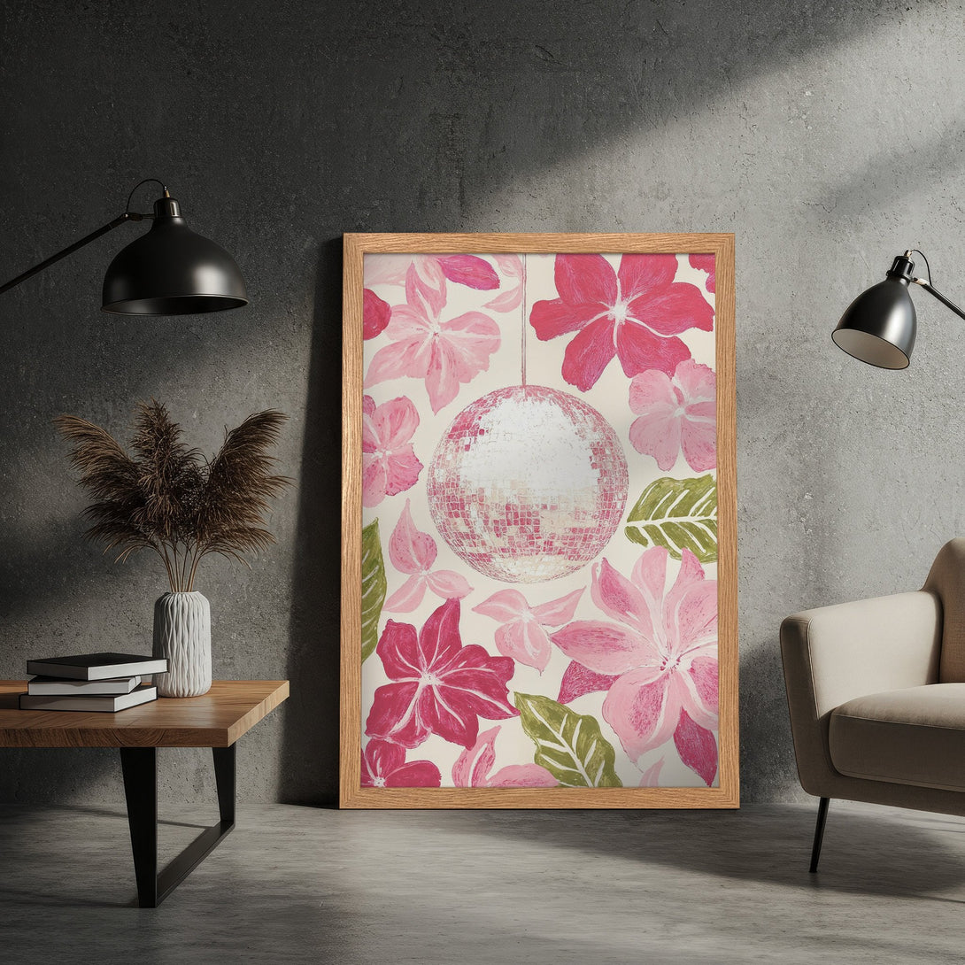 Framed Poster featuring a vibrant floral design with a disco ball, in a pink and green palette. Perfect wall art!