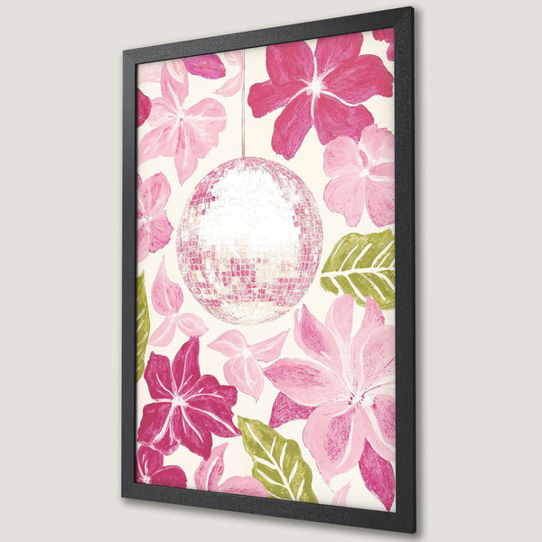 Framed Poster featuring a disco ball and floral design in a pink and green color palette, perfect for adding a pop of color to your space.