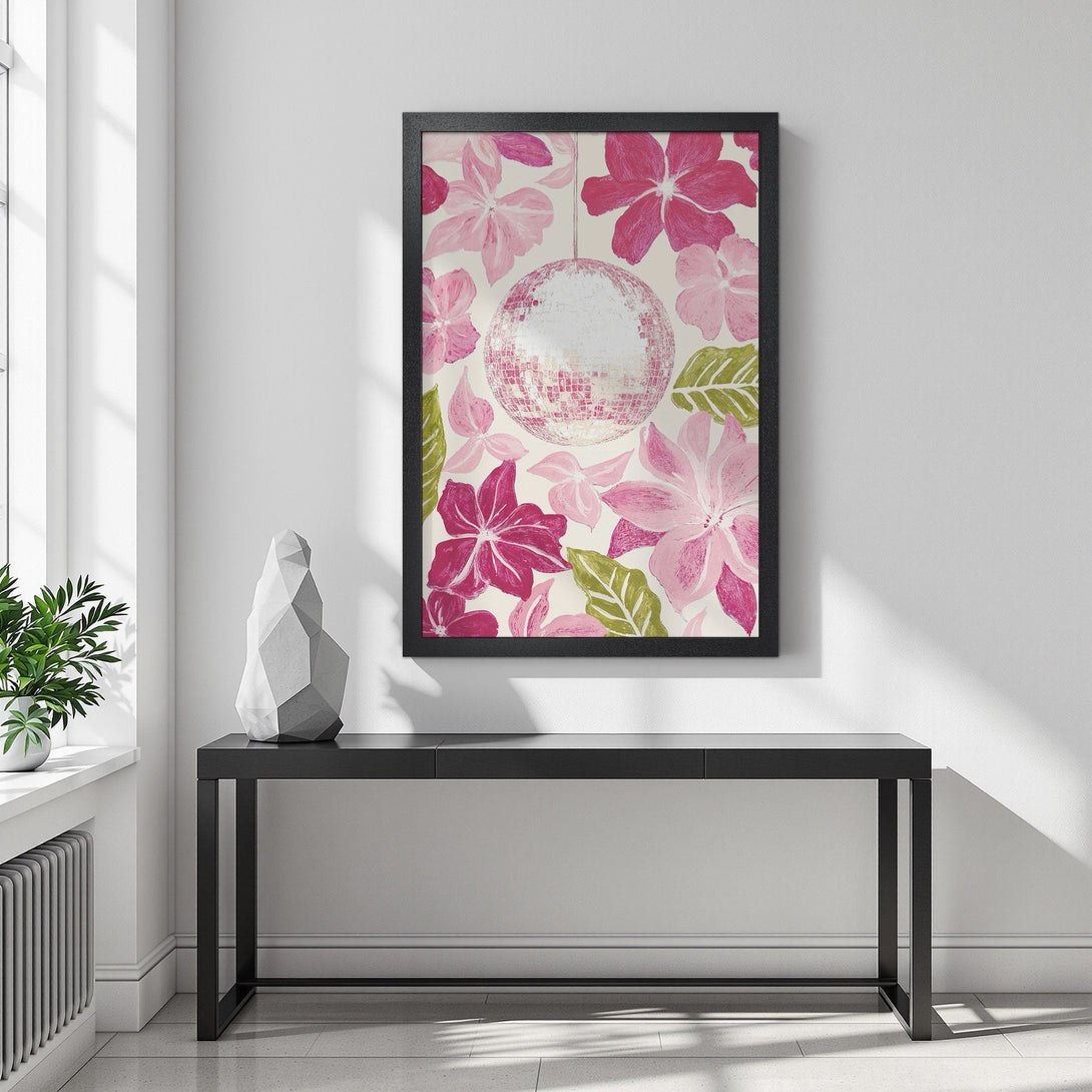 Framed Poster featuring a floral design with a disco ball, in a vibrant pink and green color palette. Perfect wall art for your home!