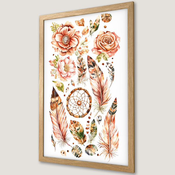 Framed Poster featuring watercolor flowers, feathers, and dreamcatcher in warm orange and brown tones. Boho style wall art.