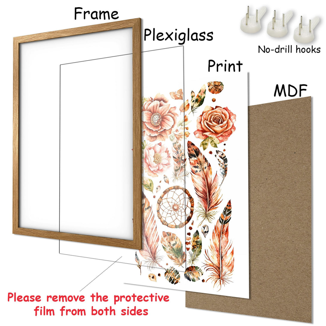 Framed Poster with watercolor floral and feather design in warm earth tones. Perfect wall art!