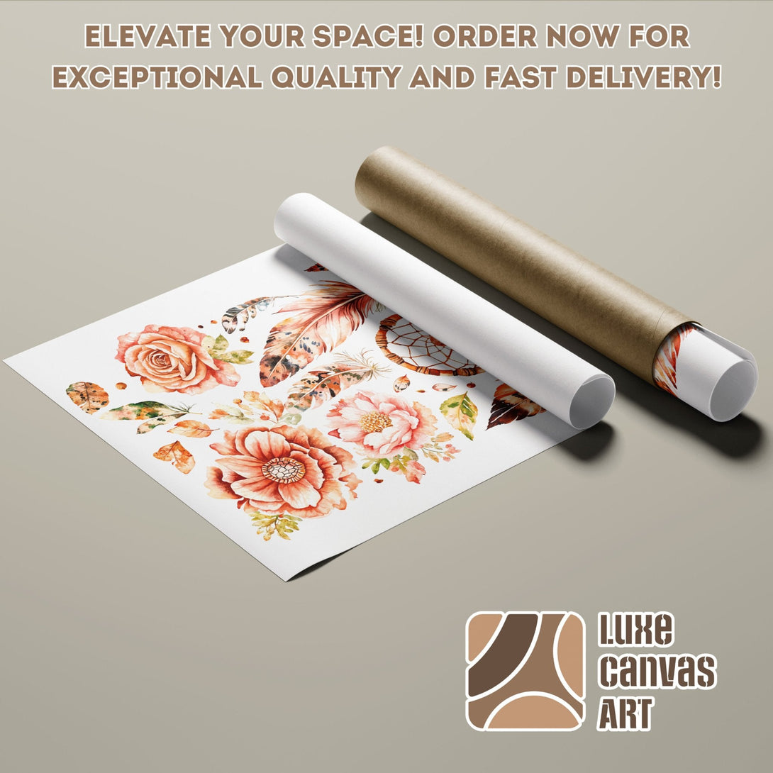 Poster Roll featuring watercolor floral art in warm, earthy tones. Perfect for adding bohemian style to your home. Order now!