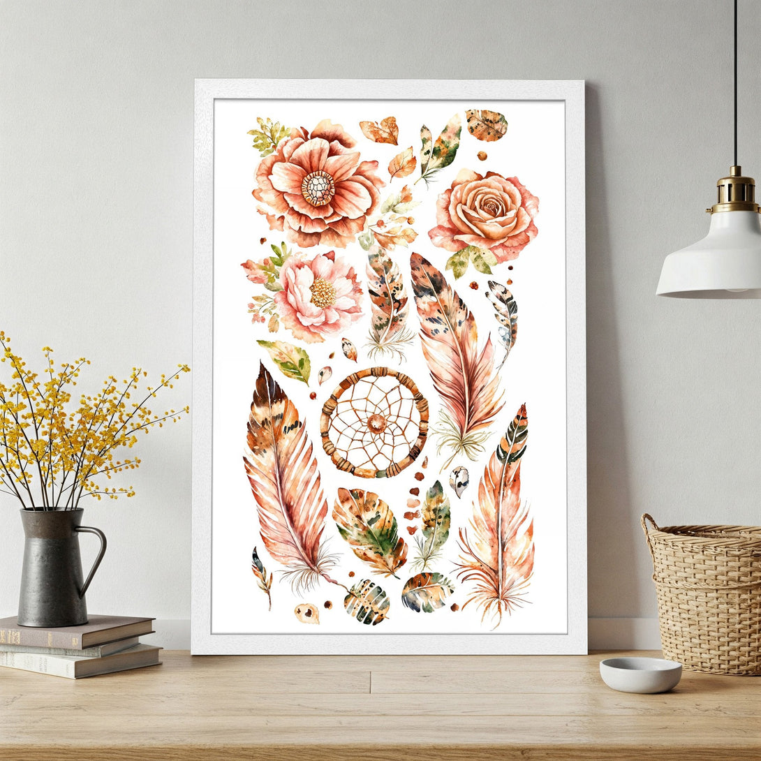 Framed Poster featuring watercolor flowers, feathers, and dreamcatcher. Boho style art in warm orange and brown tones. Perfect wall decor.