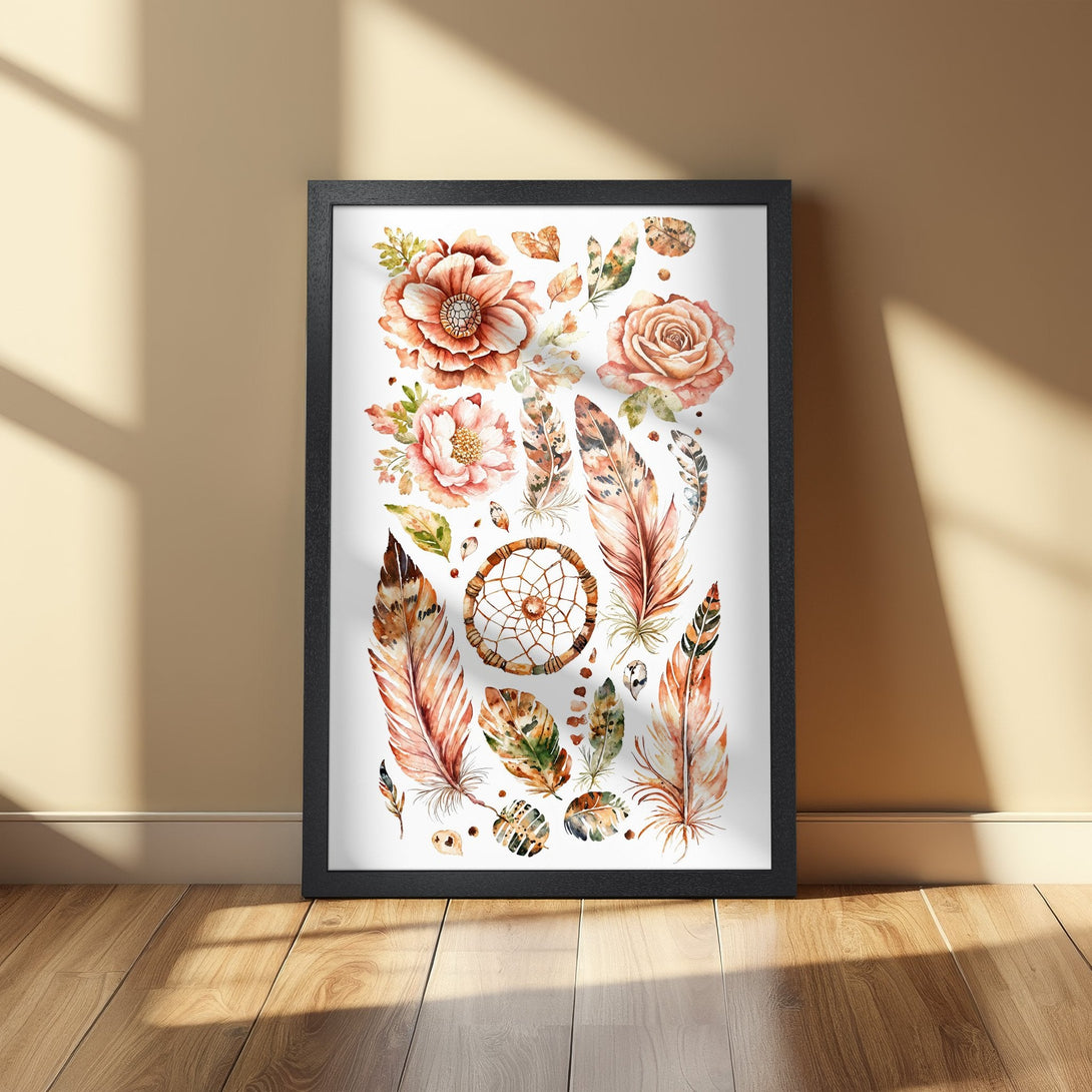 Framed Poster featuring watercolor flowers, feathers, and dreamcatcher. Bohemian style with warm earth-tone color palette.