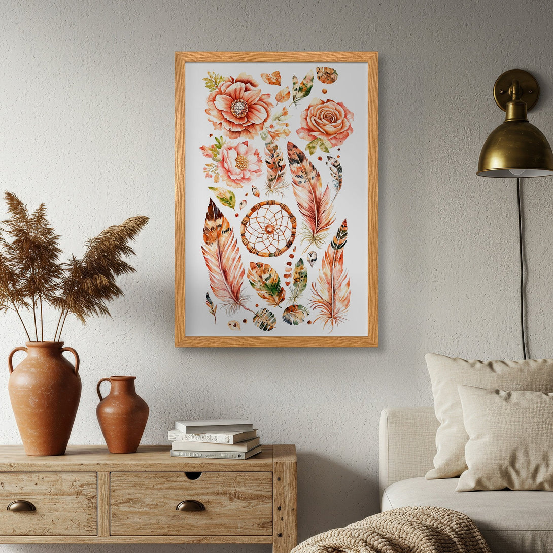 Framed Poster featuring watercolor floral and feather art in warm earthy tones. Boho style wall decor.