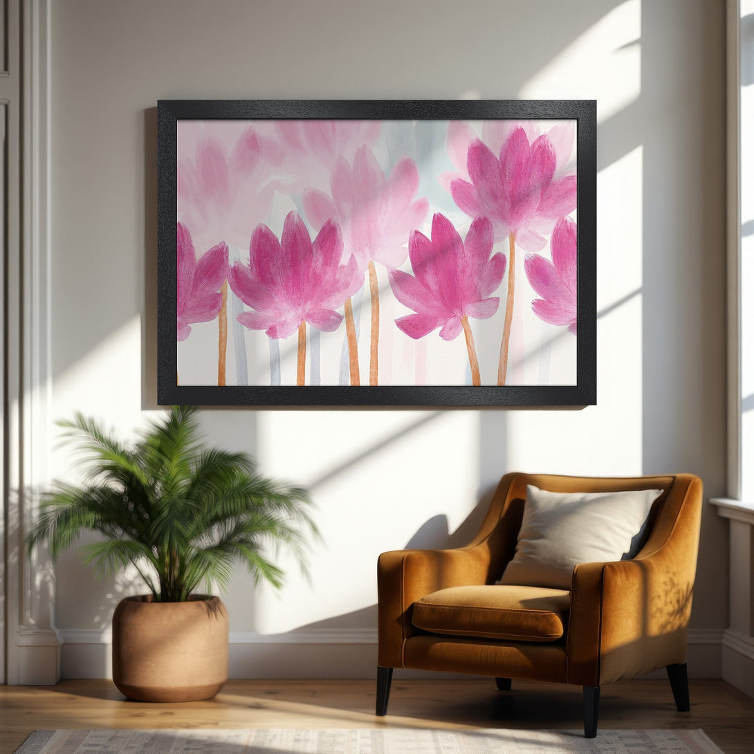 Framed Poster of pink watercolor flowers, modern art style, with a soft, feminine color palette. Perfect wall decor!