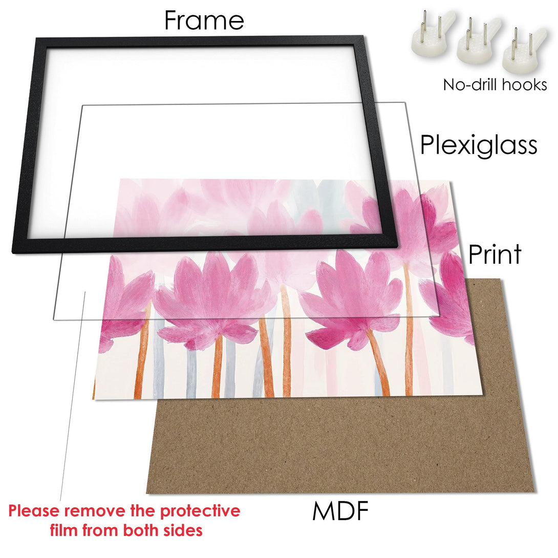 Framed Poster featuring pink floral art with a watercolor style and soft color palette. Perfect wall decor!