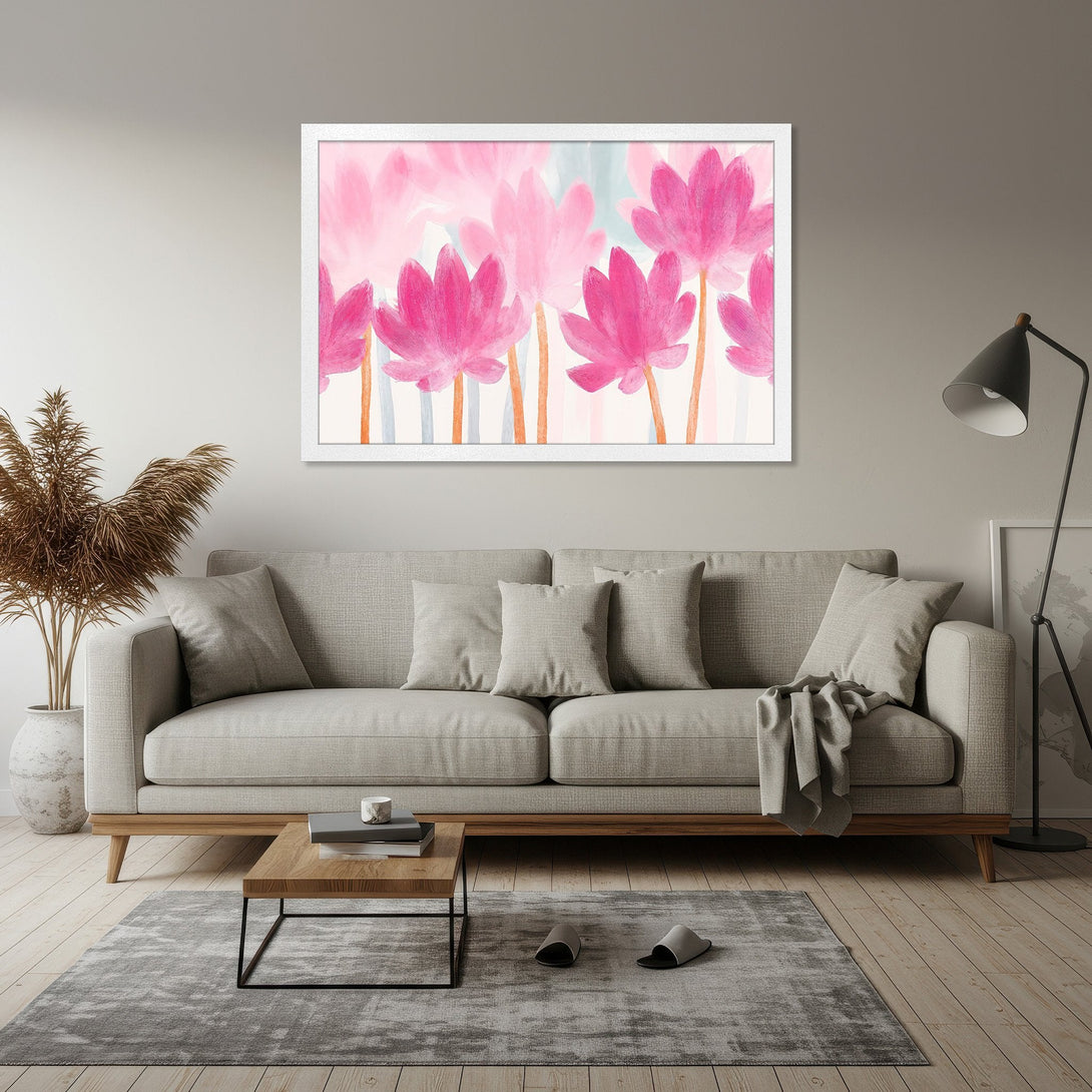 Framed Poster featuring abstract pink flowers. Modern art style with a soft pink and white color palette. Perfect wall decor!